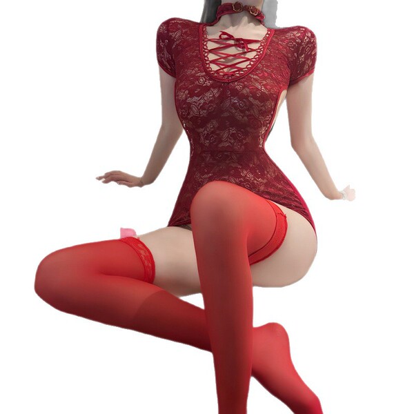 Vintage lace cheongsam lingerie set featuring sheer floral design, backless style with crisscross detailing, perfect for roma...