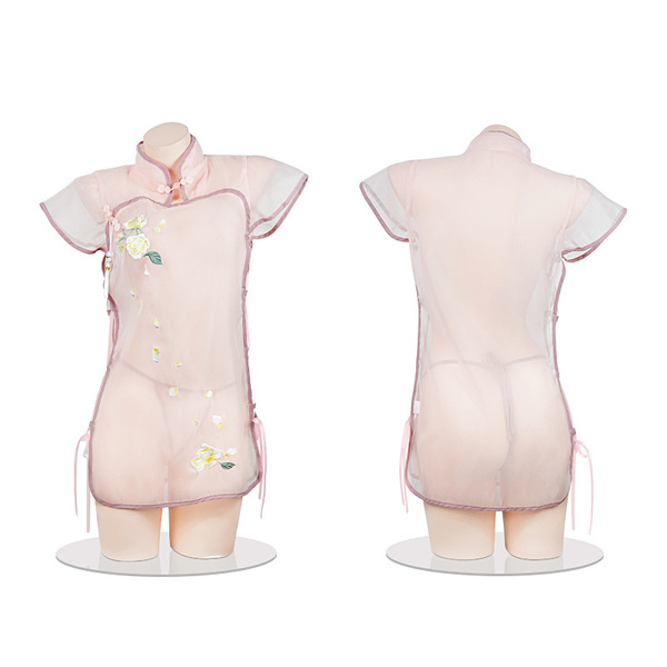 Vintage temptation cheongsam lingerie - sheer retro high-slit transparent embroidered dress with mandarin collar