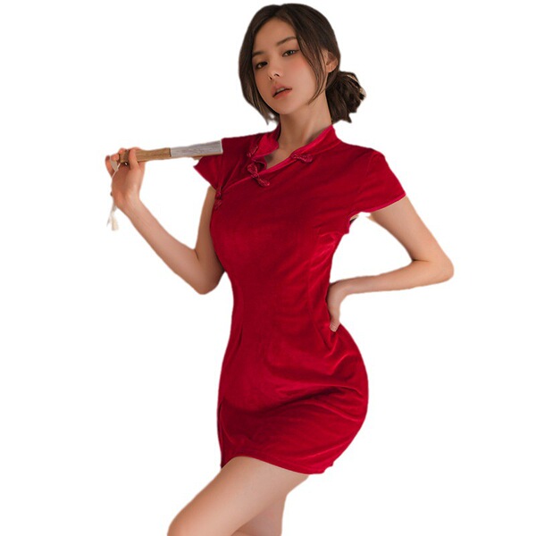 Vintage red velvet qipao-inspired split-back erotic lingerie set, elegant and seductive design perfect for bedroom wear.