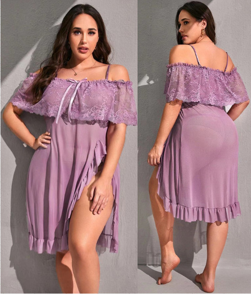 Plus Size Sexy Lace Sleepwear Set - Sheer Off-Shoulder Cami Dress with Transparent Mesh & Floral Embroidery - Violet