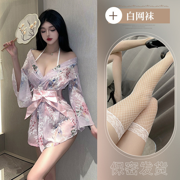Japanese Kimono Sleepwear Set - Sexy Lace Yuki Robe & Bow Pajamas for Women, Adult Costume Lounge Wear - Pink floral kimono set + white fishnet stockings W1