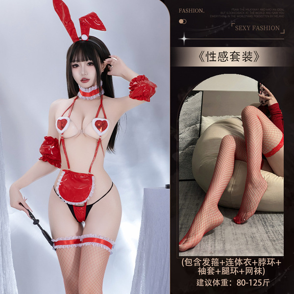 Seductive Bunny Costume for Women - Sexy No-Remove Lingerie Set, Pure & Tempting Bikini Outfit by QQNY - 4230 Red Set + [W1 Red Over-the-Knee Fishnet Stockings]