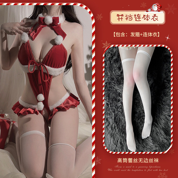Xianyi Sexy Bunny Costume for Women - New Year QQNY Uniform Bodysuit with Open-Crotch Design, No-Remove Lingerie Set - Red + W1 White