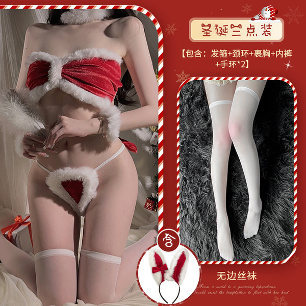 Xianyi New Year Lingerie Set - Velvet Bunny Costume Outfit for Women, Seductive 3-Piece No-Remove Thong Bra Set - Set + W1 White