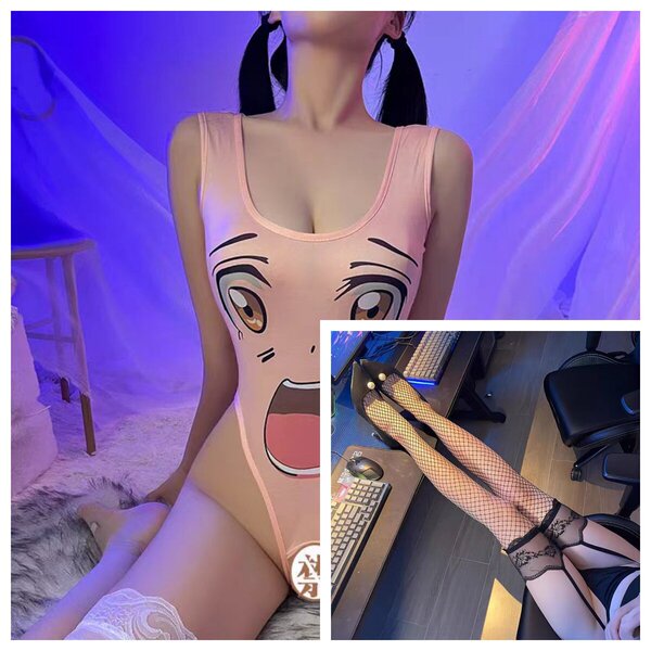 Sexy Lace Lingerie Set with Sheer Stockings & Matching Chemise - Seductive Sleepwear Outfit for Women - Pink big eyes + W111 black stockings