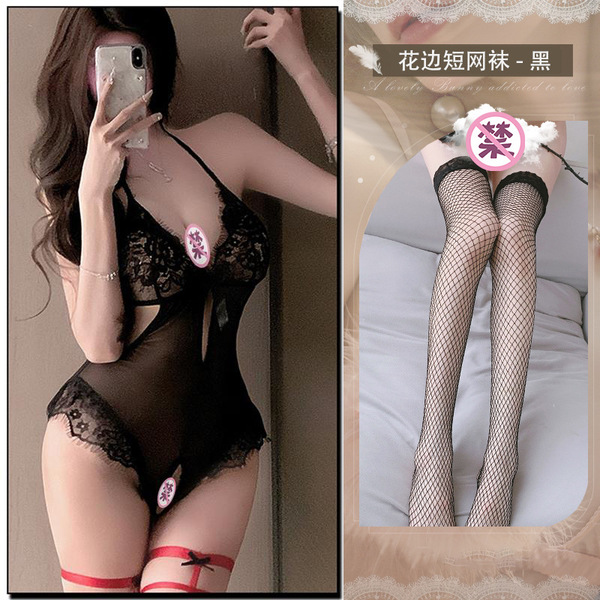 Purple Sensual Lingerie Set 2025 – Open-Crotch Sleepwear Robe & Provocative Costume Outfit for Women - Black + W113 black fishnet stockings