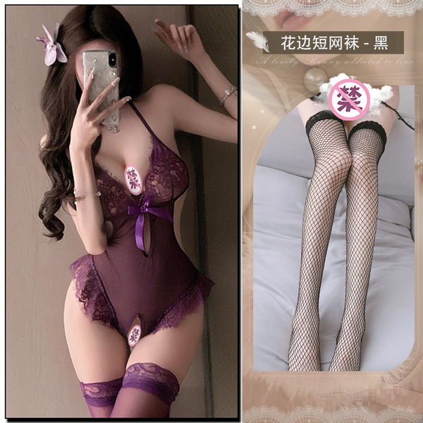 Purple Sensual Lingerie Set 2025 – Open-Crotch Sleepwear Robe & Provocative Costume Outfit for Women - Purple + W113 Black Fishnet Stockings