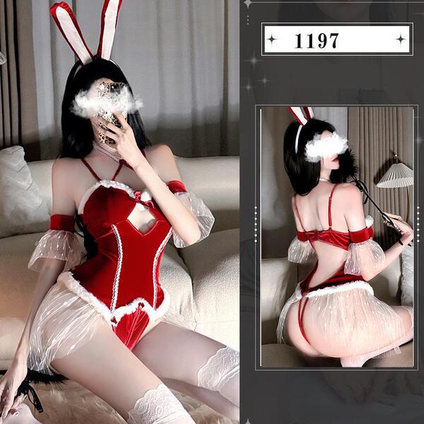 Rabbit Girl Costume Bodysuit - Sexy New Year & Christmas Role Play Lingerie with Open-Crotch Design - w1197 [Onesie + 2 sleeves + headband] + size 5 white socks