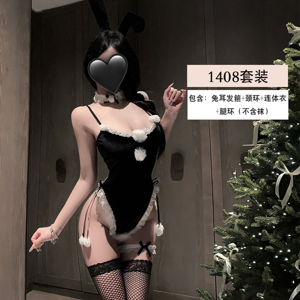 Yiyue New Year Christmas Bunny Girl Costume - Cute & Sexy Role Play Lingerie Sleepwear Set - Black + W2 black fishnet stockings