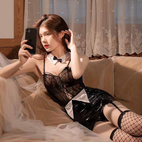 Glowing Cloud Sexy PVC Lace-Up High-Slit Cheongsam Sleepwear - Backless Boudoir Dress for Women - 2291 [Set + W3 Fishnet Stockings]