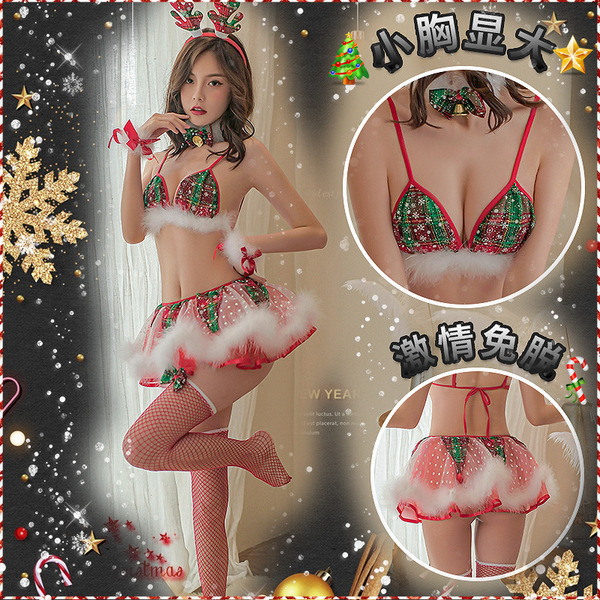 2022 New Year Red Lingerie Set – Festive Velvet & Mesh Bodysuit with Reindeer Faux-Fur Trim, Sexy Holiday Costume - W6014 Red + Green [Headband + Bell Necklace + Bra + 2 Bracelets + Tutu Skirt + Thong Pants + Stockings]
