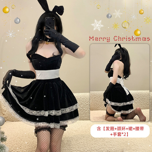 Xianyi Bunny Costume Set - Sexy Christmas Cosplay Outfit for Women, Holiday Party Dress with Ears & Tail - Black + W7 Black + P5 White