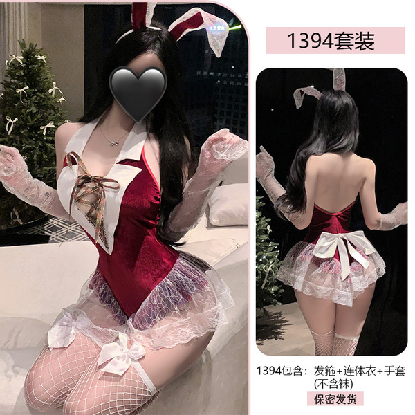 Yiyue Original Sexy Christmas Bunny Girl Costume - Naughty Lingerie Bodysuit with Open-Crotch Uniform Set - Burgundy suit + W7 white bow fishnet stockings