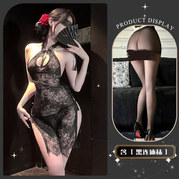 Chao Mu Lace Temptation Lingerie - Elegant Split Cheongsam Style Erotic Underwear for Women - Wanwanzhishang* Black + Black Bodysuit