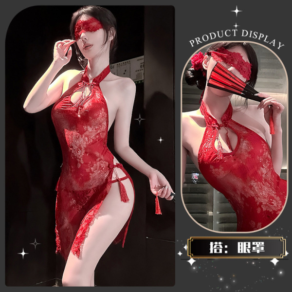 Golden Night Lace Temptation Lingerie - Elegant Split Qipao Style Seductive Underwear for Women - Wanwan Zhishang* Red + Eye Mask