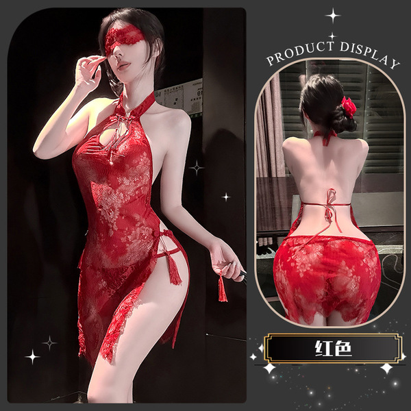 Qingshe Lace Temptation Lingerie - Elegant Split Qipao Style Pure-Yet-Sensual Women's Luxury Modest Erotic Underwear - A flowing red cheongsam paired with a T-shirt.