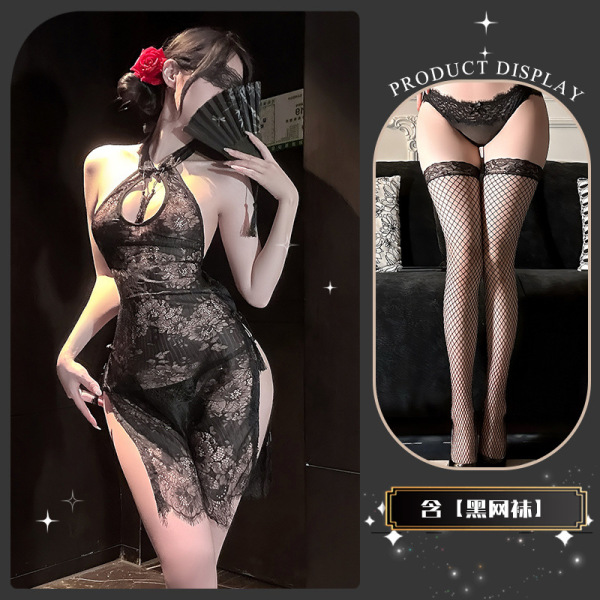 Golden Night Lace Temptation Lingerie - Elegant Split Qipao Style Seductive Underwear for Women - Wanwanzhishang* Black + Black Fishnet Stockings