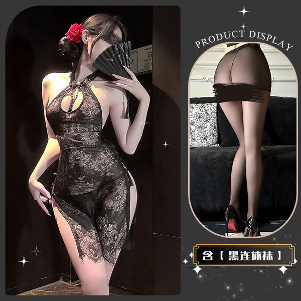 Qingshe Lace Temptation Lingerie - Elegant Split Qipao Style Pure-Yet-Sensual Women's Luxury Modest Erotic Underwear - Wanwanzhishang* Black + Black Bodysuit