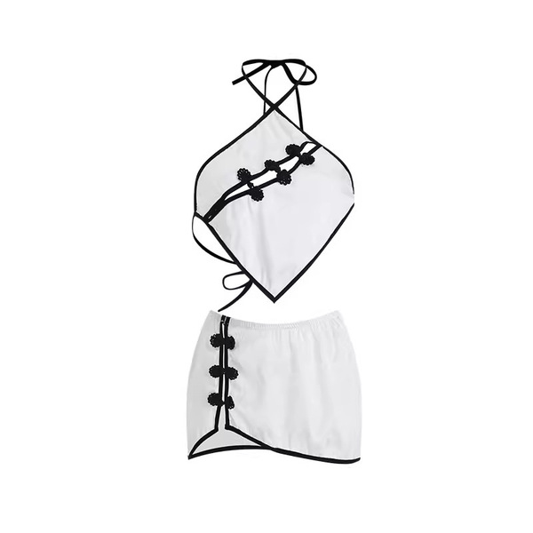 Water-infused lace lingerie set featuring a halter neck bodysuit with cut-out cheongsam style design and matching thong.