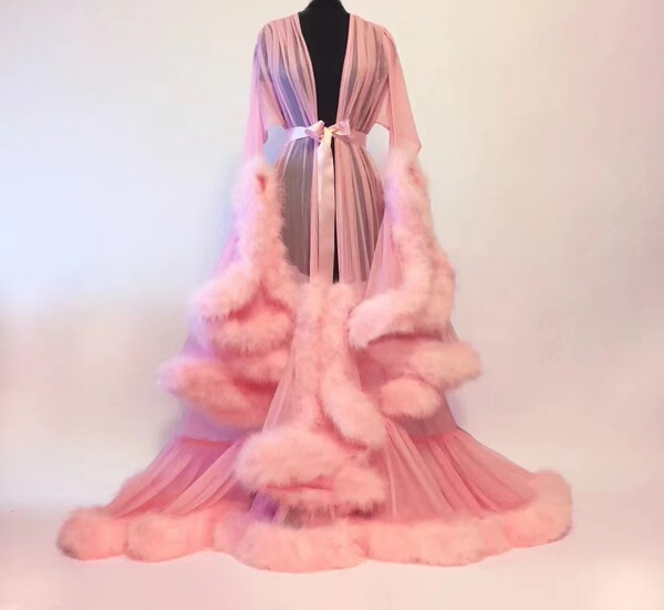 Sexy Feather Sheer Nightgown -European and American Style Long Sleeve Lace Trim Sleep Dress with Flared Sleeves & Train - Watermelon Red