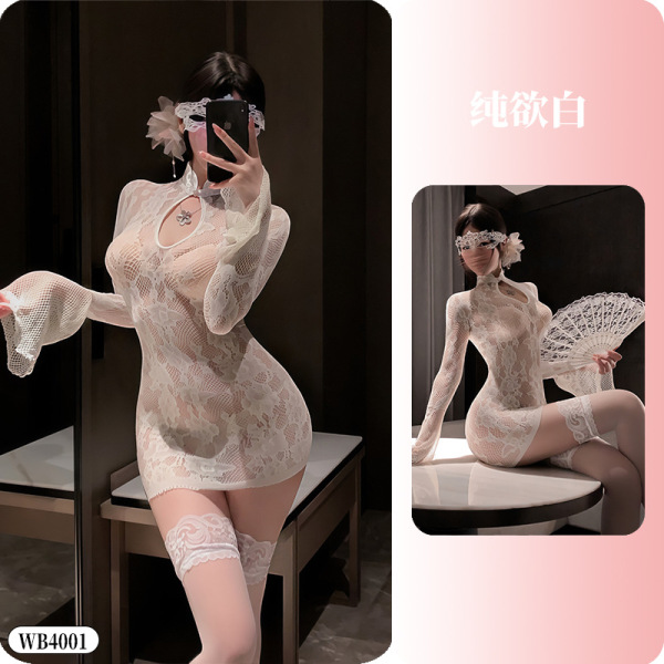 YueDie Seductive Lingerie Set - OL Style Pure & Tempting Bodycon Dress with Lace Stockings - WB4001 Pure White Desire ◆ Tearing Apart Love and Desire ◆ [Mesh Outfit]