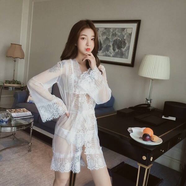 Sexy lace sheer mesh womens lingerie set, elegant robe outfit with delicate lace details, perfect for seductive sleepwear.