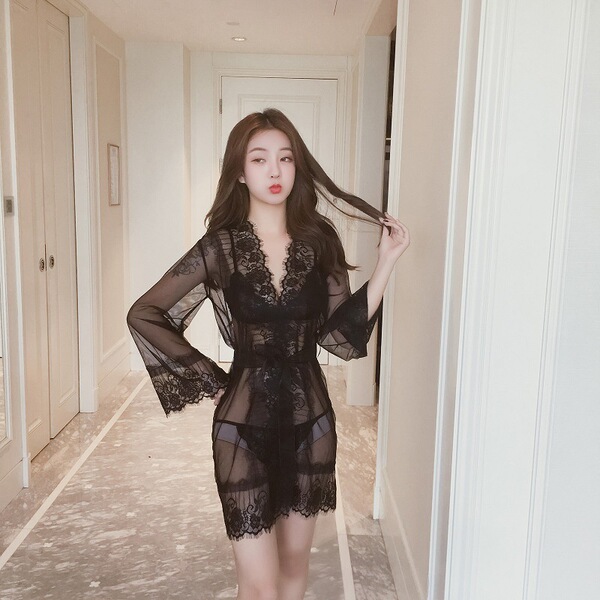 Sexy black sheer mesh lingerie set with lace detailing, perfect for womens sleepwear and seductive robe outfits.