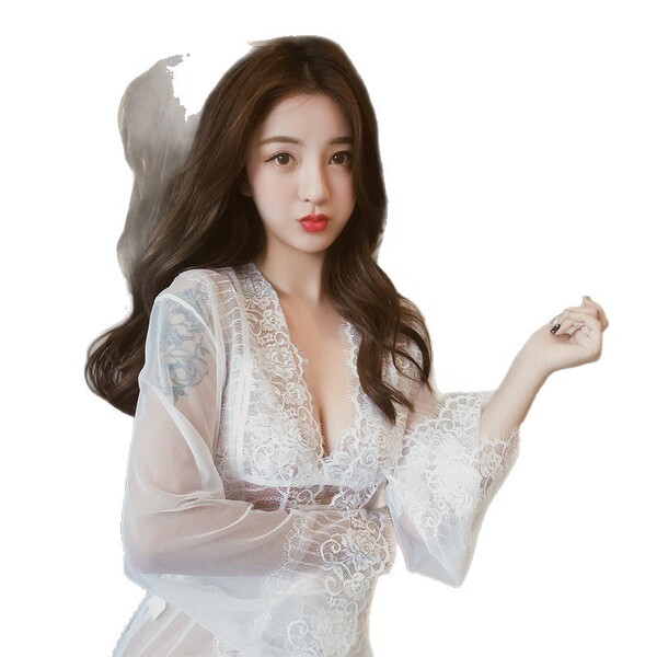 A woman wearing a sheer mesh lingerie set with intricate lace detailing, perfect for sexy sleepwear or seductive robe outfits...
