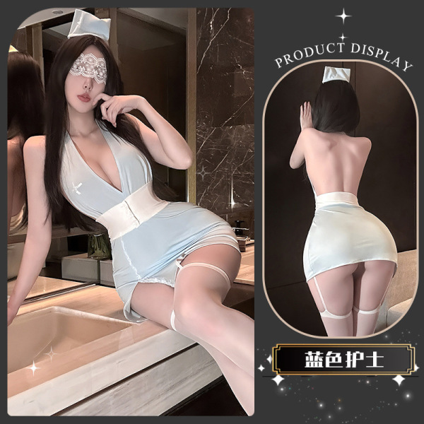QingShe Alluring Nurse-Style Lingerie Set – Pure-Yet-Tempting, High-End Seductive Underwear for Women - Warm and Blue Hibiscus Protector [Bodysuit + T-shirt + Hat + Hair Clip *2]