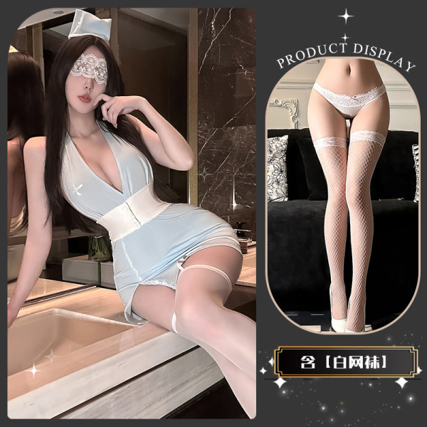 QingShe Alluring Nurse-Style Lingerie Set – Pure-Yet-Tempting, High-End Seductive Underwear for Women - Warm Hibiscus Protection * Blue + White Fishnet Stockings
