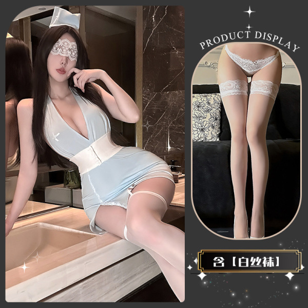 Golden Night Nurse Lingerie Set - Seductive Pure-Delight Cosplay Underwear, Luxury Temptation & Aesthetic Restraint Styl - Warm Hibiscus Protection * Blue + White Stockings
