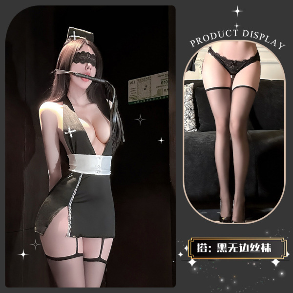 QingShe Alluring Nurse-Style Lingerie Set – Pure-Yet-Tempting, High-End Seductive Underwear for Women - Warm and warm hibiscus* black + black boundless stockings