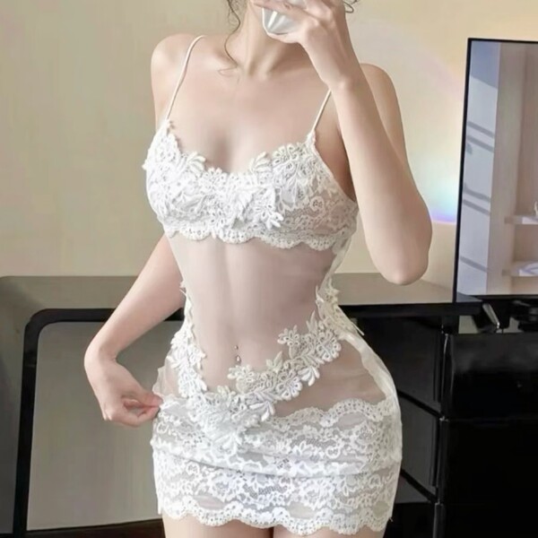 Sexy Sheer Lace Bodysuit - Tight Mesh Camisole Dress, Provocative Bodycon Slip Dress for Women - White [with zipper]