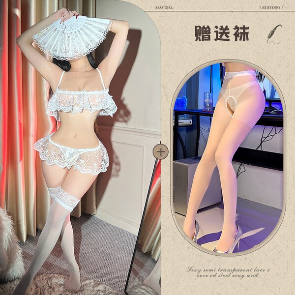 Women's Sexy Lace Babydoll Set - Sheer Mesh Open-Crotch Sleepwear for Intimate Nights - White + white open-crotch socks
