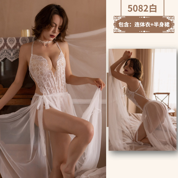 Lace Sheer Temptation Robe - Sexy High-Slit Uniform-Style Sleep Dress for Women, Erotic Lingerie Set - White and black bellyband