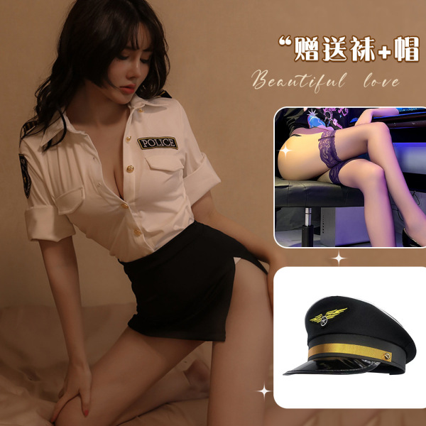 Qingran Sexy Air Hostess Costume Set - Role Play Lingerie Skirt Outfit for Adults - White + black hat + black stockings