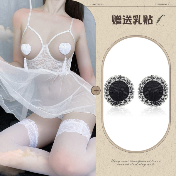 Mannyqing Pure-Sensual Transparent Sleepwear Set – Sheer Open-Crotch Lingerie Nightdress for Small Busts, Bold & Flirty - White and black lace nipple covers