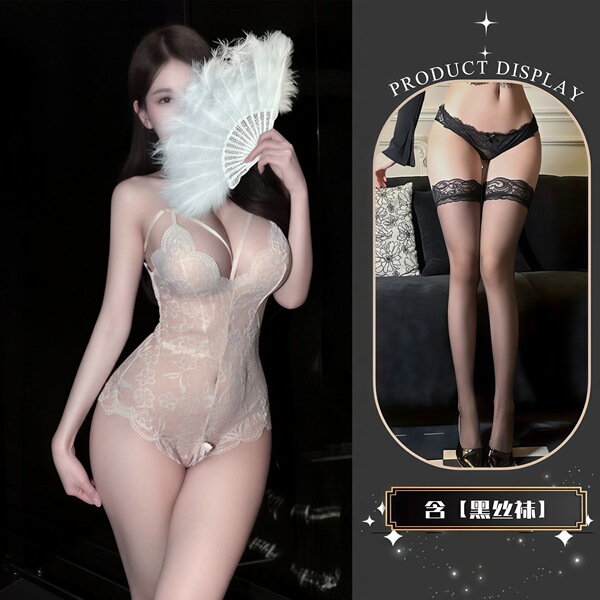 QQNY Pure Allure Lace Sleepwear Set – Elegant Sensual Women's Intimate Nightwear, Premium Soft Fabric - White + black stockings