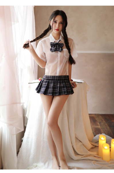 Sexy Student Uniform Set - Sheer Shirt, Bow Detail, Plaid Pleated Skirt & Lingerie Outfit - White and blue