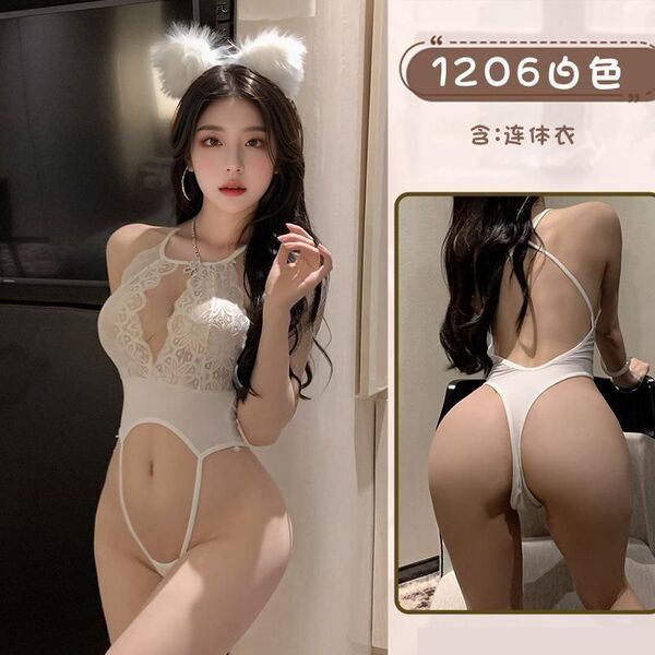 Sexy Sheer Sleepwear Bodysuit for Small Bust Women - Seductive Bedtime Lingerie, No-Remove Transparent Nightwear - white jumpsuit