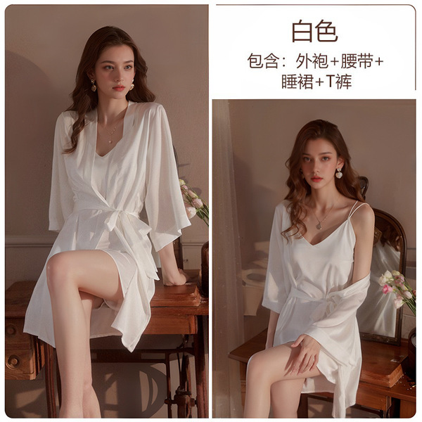 Seductive Ice Silk Backless Sleepwear Set - Sexy Lingerie Nightgown & Robe, No-Remove Passion Outfit, European Style - White (slip dress + T-shirt + outer robe + belt)