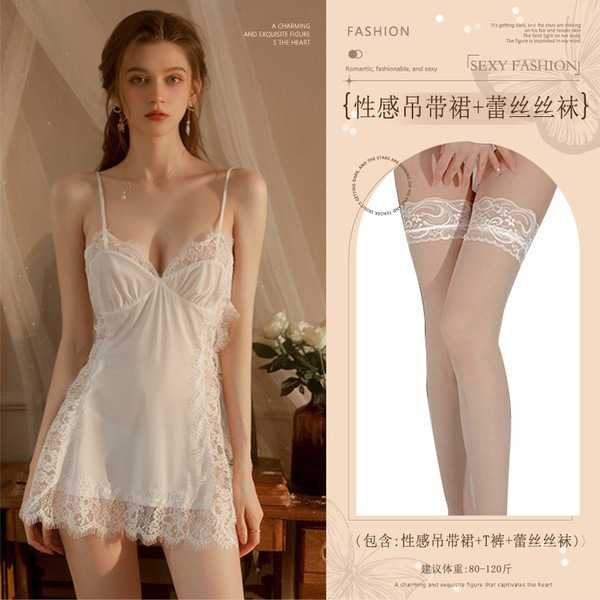 Sexy Lace Sleep Dress for Women – Pure & Tempting Sheer Mesh Babydoll Nightgown, Flirty No-Remove Lingerie Set - White (suspender dress + thong + lace stockings)