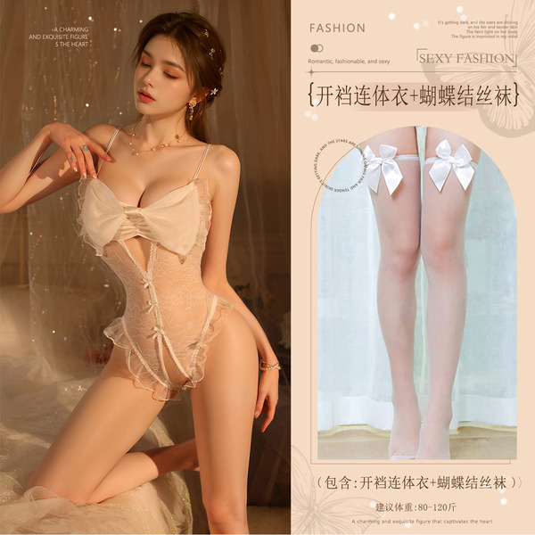 French-Style Sheer Lingerie Bodysuit with Large Bow & Open-Crotch Design – Busty-Looking, Bed-Ready, No-Remove Elegance - White (large bow crotchless bodysuit + bow stockings)