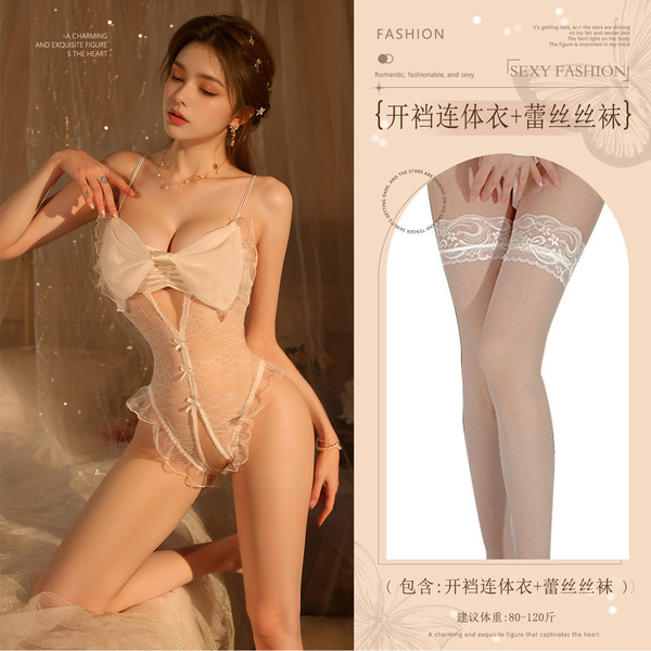 French-Style Sheer Lingerie Bodysuit with Large Bow & Open-Crotch Design – Busty-Looking, Bed-Ready, No-Remove Elegance - White (large bow crotchless bodysuit + lace stockings)