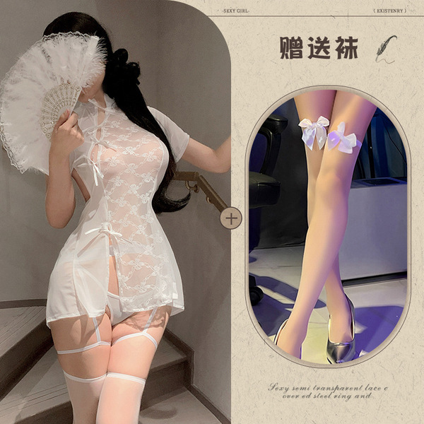 Vintage-Inspired Lace Sheer Sleepwear Set - Modest Yet Seductive Plus Size Naked-Butt Cheongsam Style Nightgown - White stockings with a bow