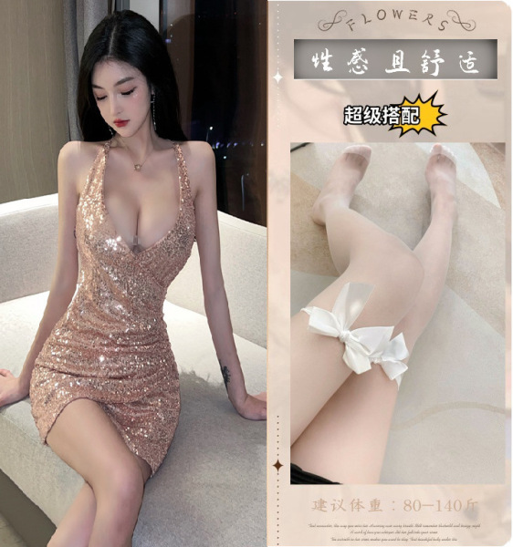 YueDie Sexy Lingerie Set for Women – Deep V Sparkle Nightwear, Shiny Sequin Sleep Dress, Alluring Adult Intimate Apparel - Picture set + white bow-tie stockings