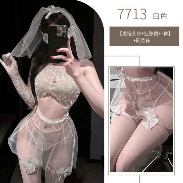 Elegant White Bridal Lingerie Set - Sheer Chiffon Sleepwear for Women, Sensual Wedding Night Outfit - White suit + white bow-tie socks