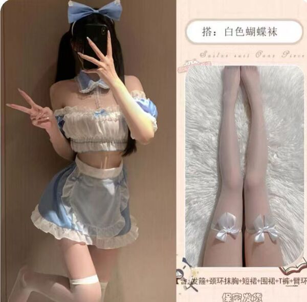 Cute Maid Costume for Women - Flirty Lolita Cosplay Dress with Sheer Chiffon & Ruffled Sleeves - Playful Maid Outfit + H White Bow Stockings