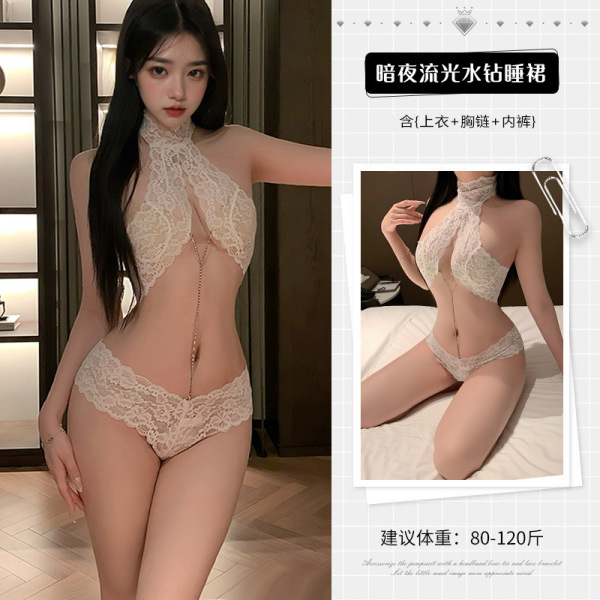 Pure & Alluring Lace Bodysuit with Detachable Rhinestones - Sexy Cross-Border Women's Halter Neck Bodycon Set - White bra + bra chain + panties + fishnet stockings