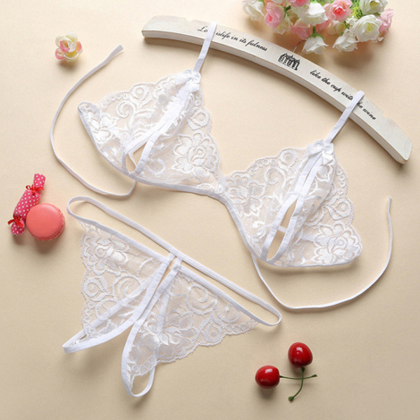 Lace Sexy Bikini Set with Open-Crotch Thong - Romantic Lingerie Sleepwear for Women, Plus Size 3-Piece Gift Set - White bra and panties
